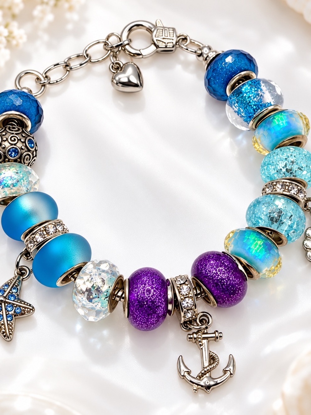 Handmade Ocean Charm Bracelet Blue Purple Starfish Anchor 7.5–9”